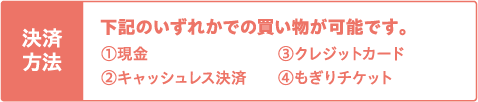 物販コーナーの決済方法：①現金 ②キャッシュレス決済 ③クレジットカード ④もぎりチケット